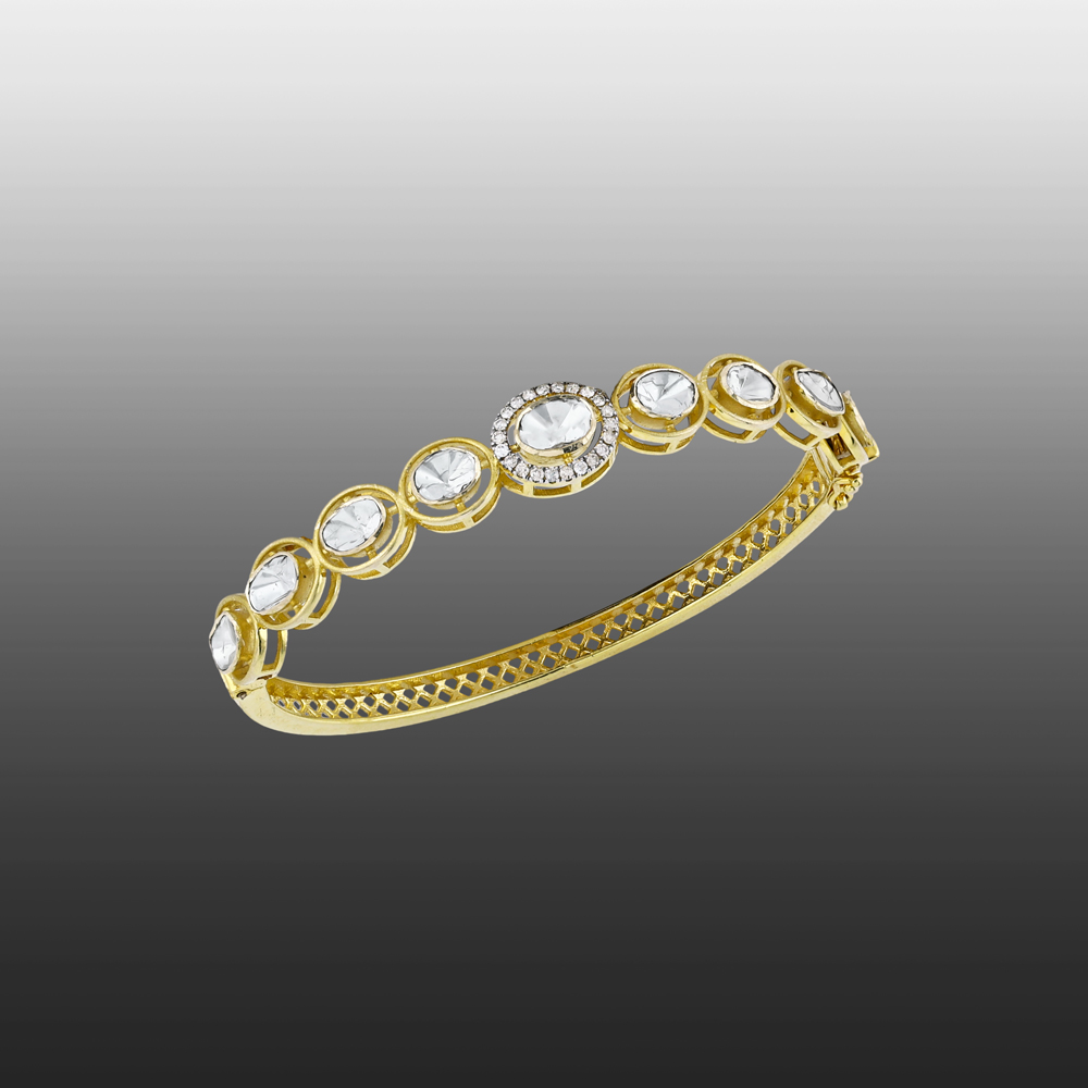 Half Bangle with Polki and Full-Cut Diamonds in Gold Bezel